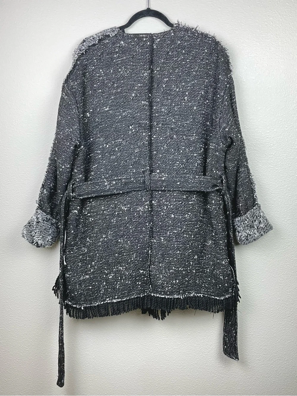 Free People Women's XS Fringe Wrap Blanket Coat Jacket Tie Waist Black Combo